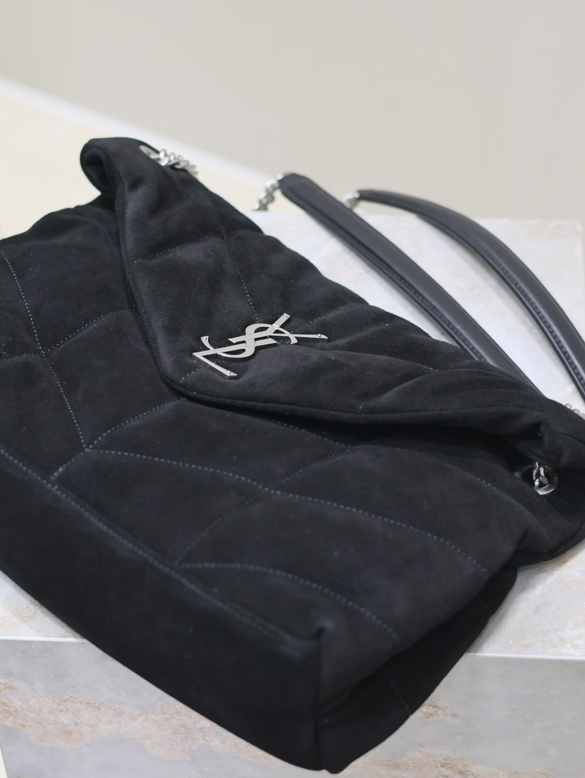 Saint Laurent 25S Loulou Puffer GM 35 in Black Suede Silver Hardwre Bag