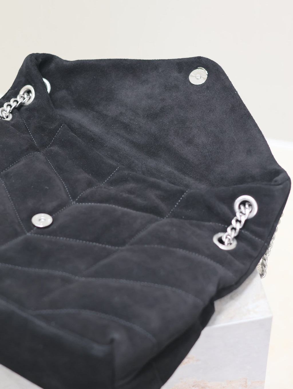 Saint Laurent 25S Loulou Puffer GM 35 in Black Suede Silver Hardwre Bag