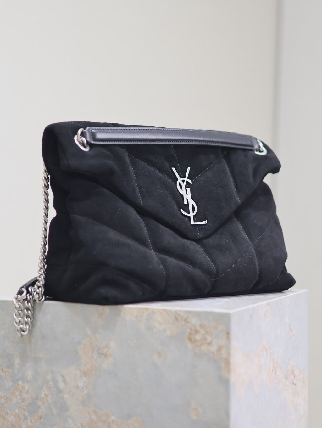 Saint Laurent 25S Loulou Puffer GM 35 in Black Suede Silver Hardwre Bag