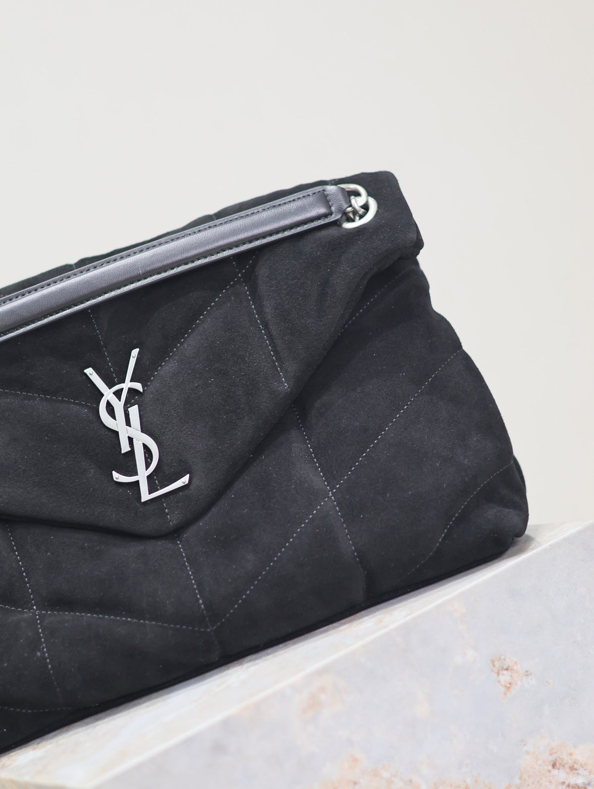 Saint Laurent 25S Loulou Puffer GM 35 in Black Suede Silver Hardwre Bag