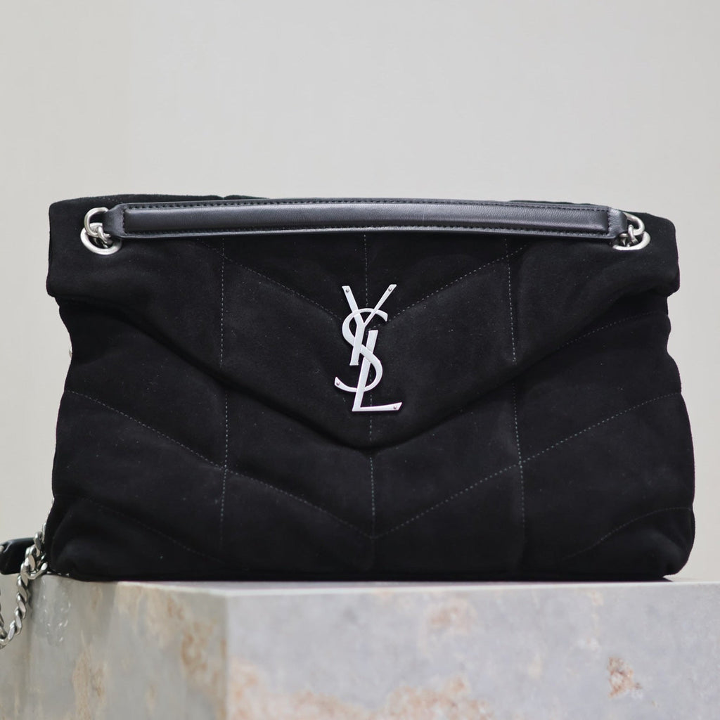 Saint Laurent 25S Loulou Puffer GM 35 in Black Suede Silver Hardwre Bag
