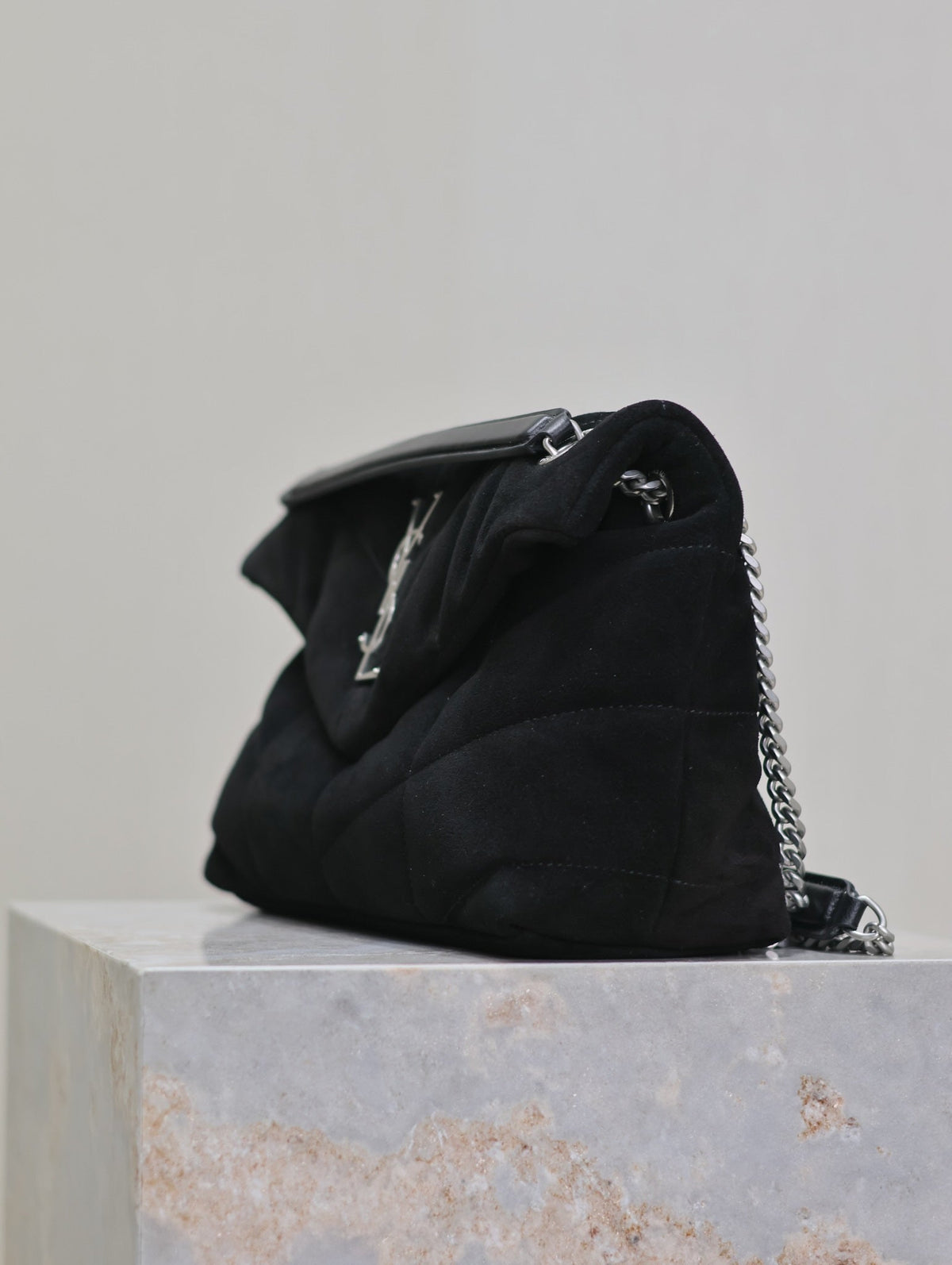 Saint Laurent Puffer Small 29 in Black Suede Silver Hardware Bag