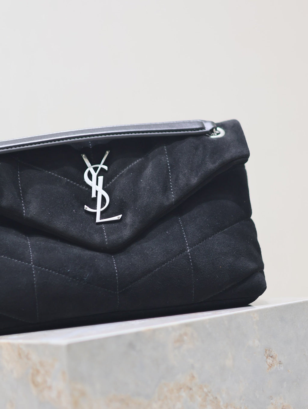 Saint Laurent Puffer Small 29 in Black Suede Silver Hardware Bag