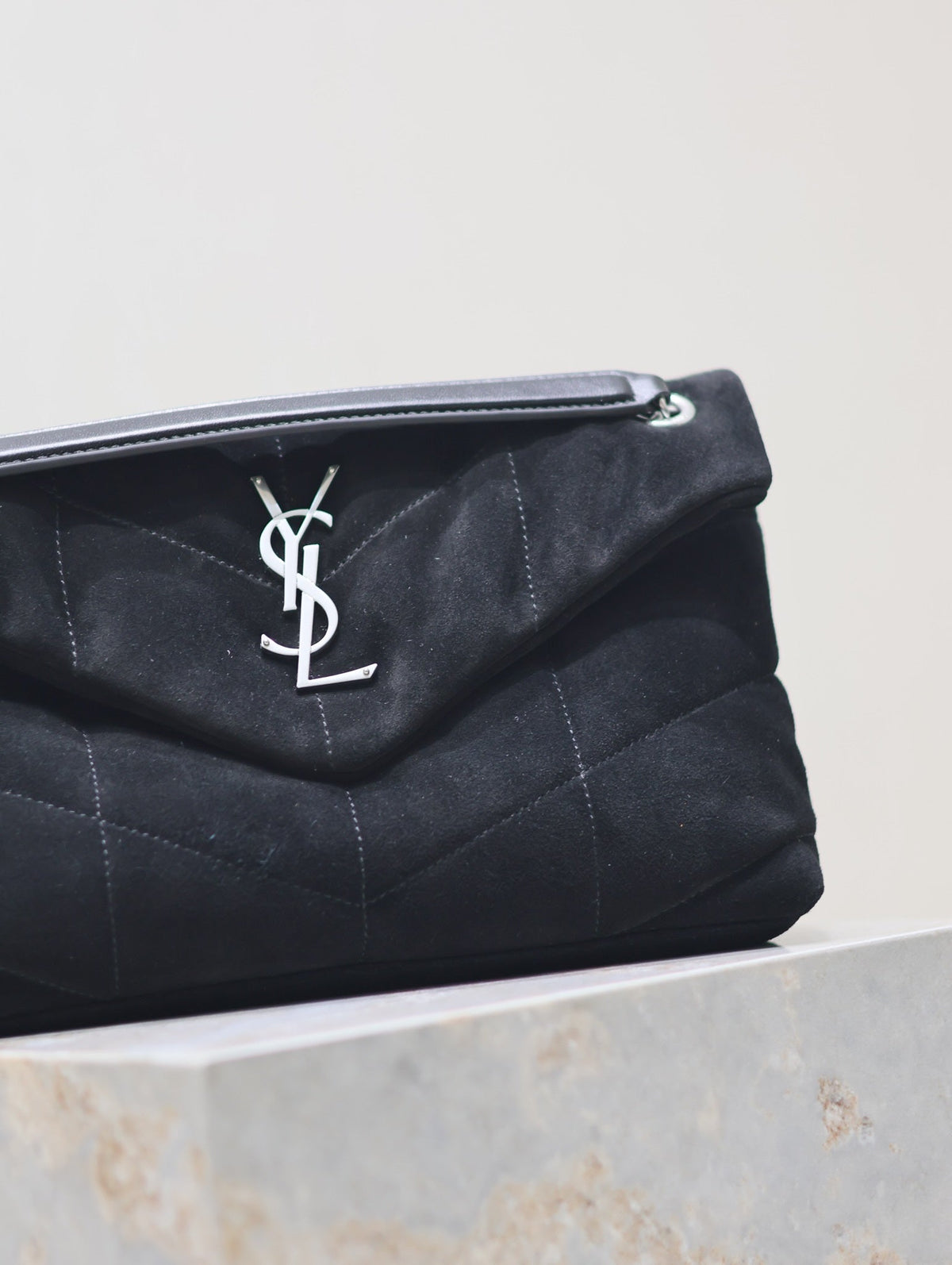 Saint Laurent Puffer Small 29 in Black Suede Silver Hardware Bag