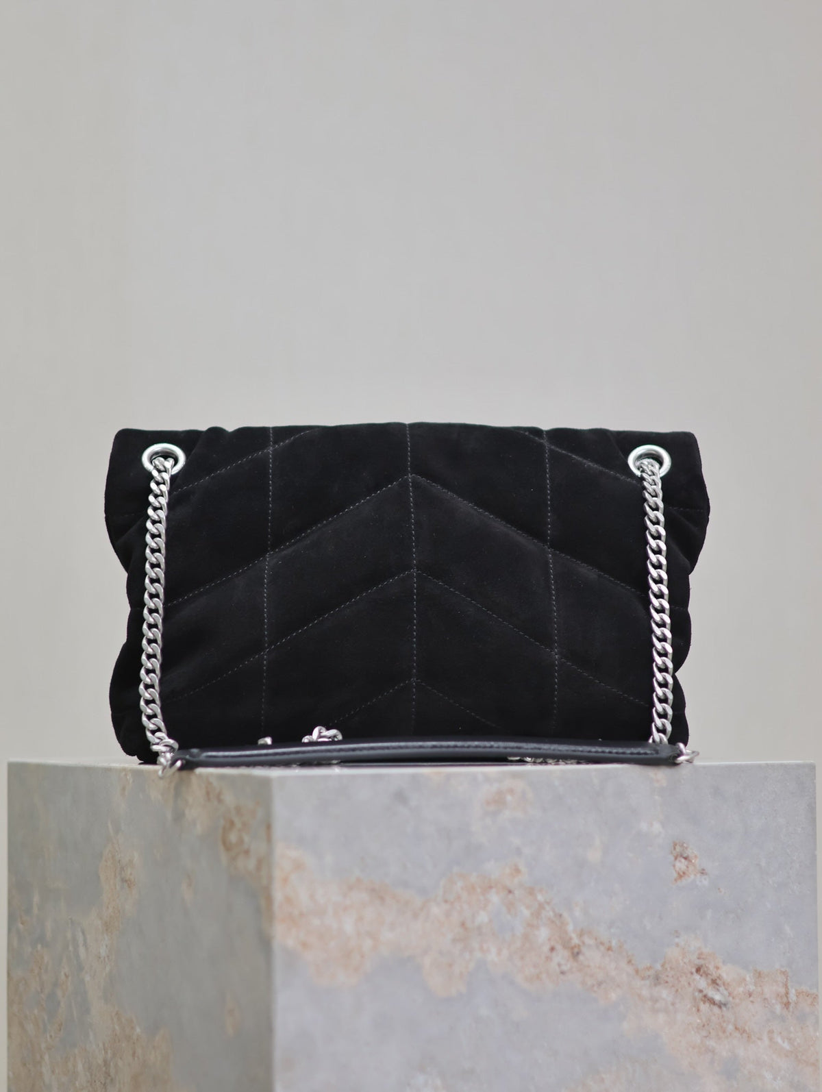 Saint Laurent Puffer Small 29 in Black Suede Silver Hardware Bag