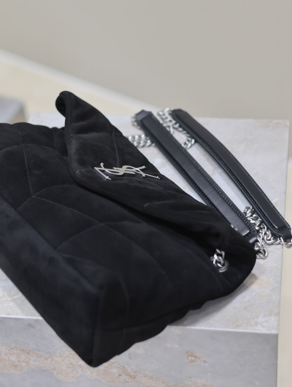 Saint Laurent Puffer Small 29 in Black Suede Silver Hardware Bag