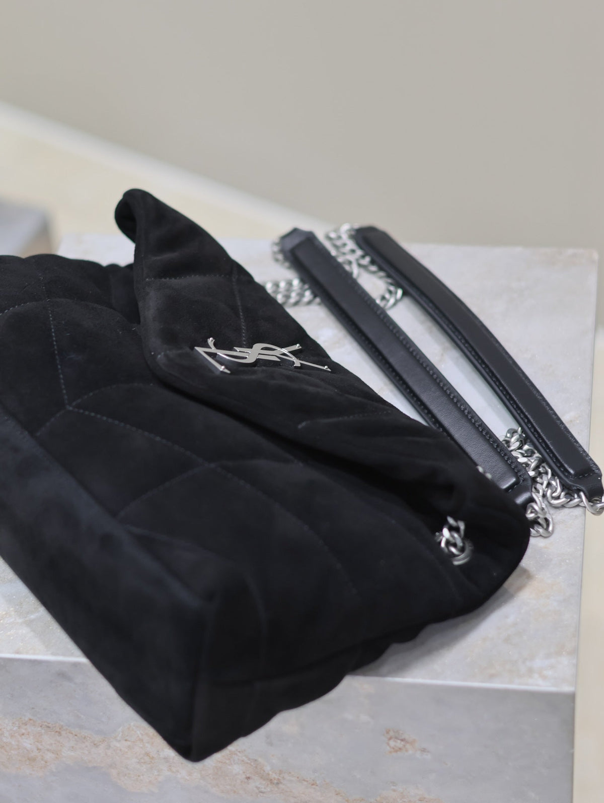 Saint Laurent Puffer Small 29 in Black Suede Silver Hardware Bag