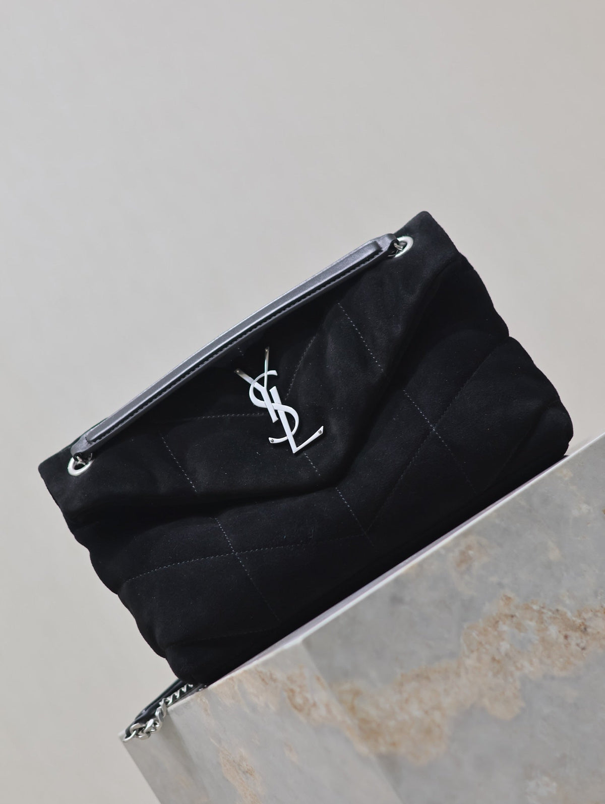 Saint Laurent Puffer Small 29 in Black Suede Silver Hardware Bag