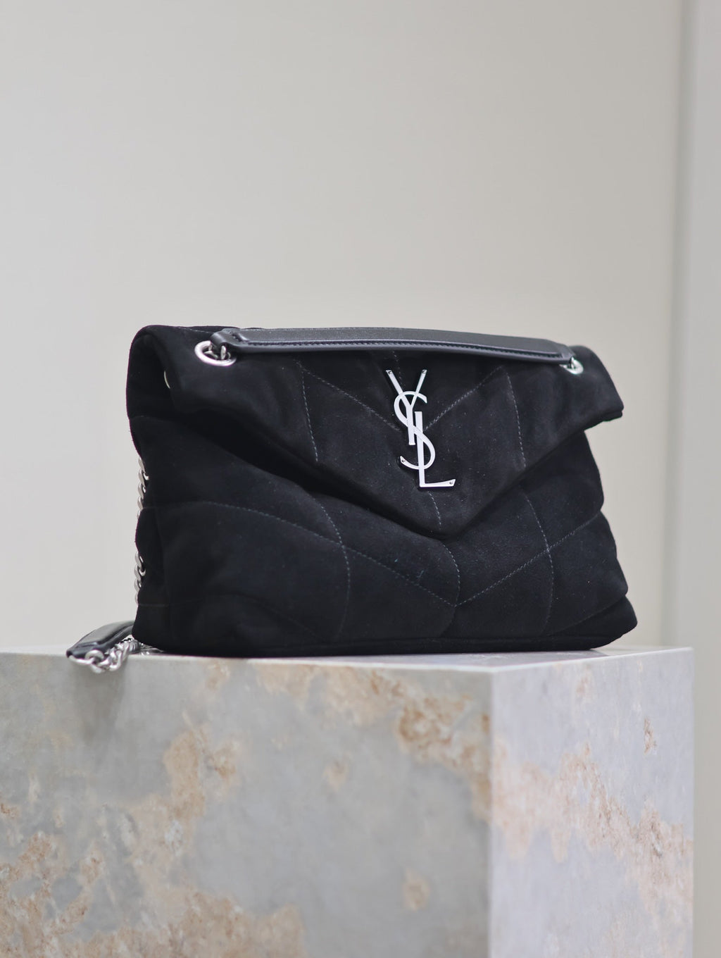 Saint Laurent Puffer Small 29 in Black Suede Silver Hardware Bag