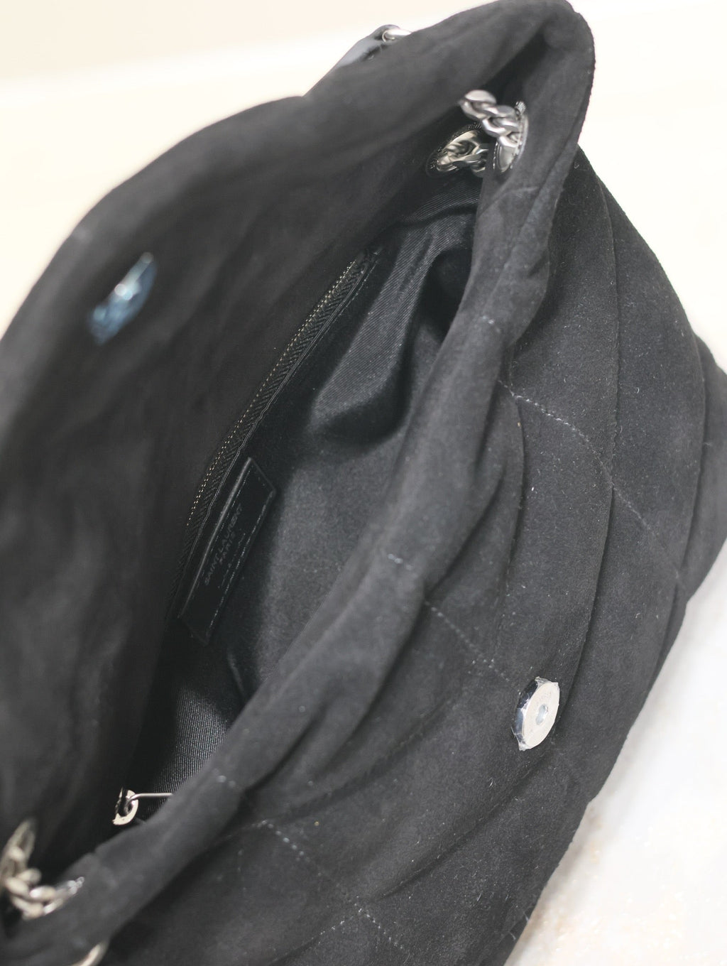 Saint Laurent Puffer Small 29 in Black Suede Silver Hardware Bag