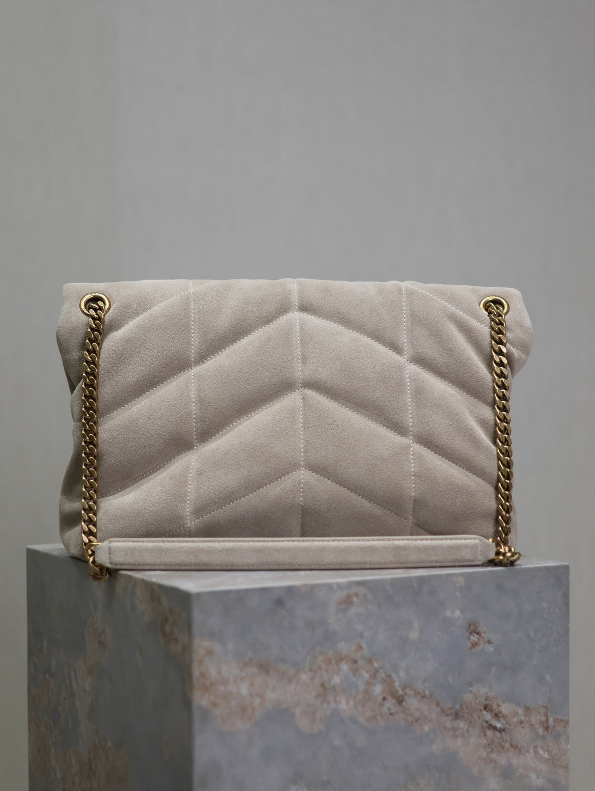 Saint Laurent 25S Loulou Puffer GM 35 in Smokey Taupe Suede Gold Hardwre Bag