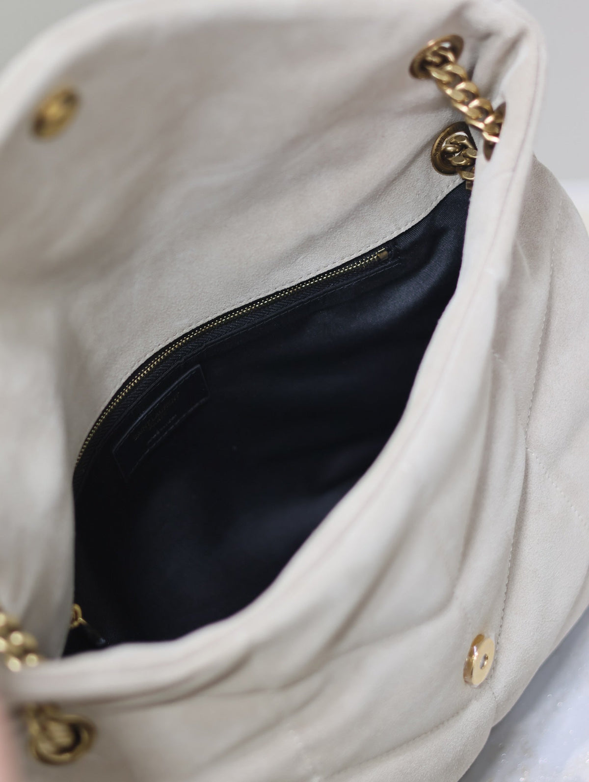 Saint Laurent 25S Loulou Puffer GM 35 in Smokey Taupe Suede Gold Hardwre Bag