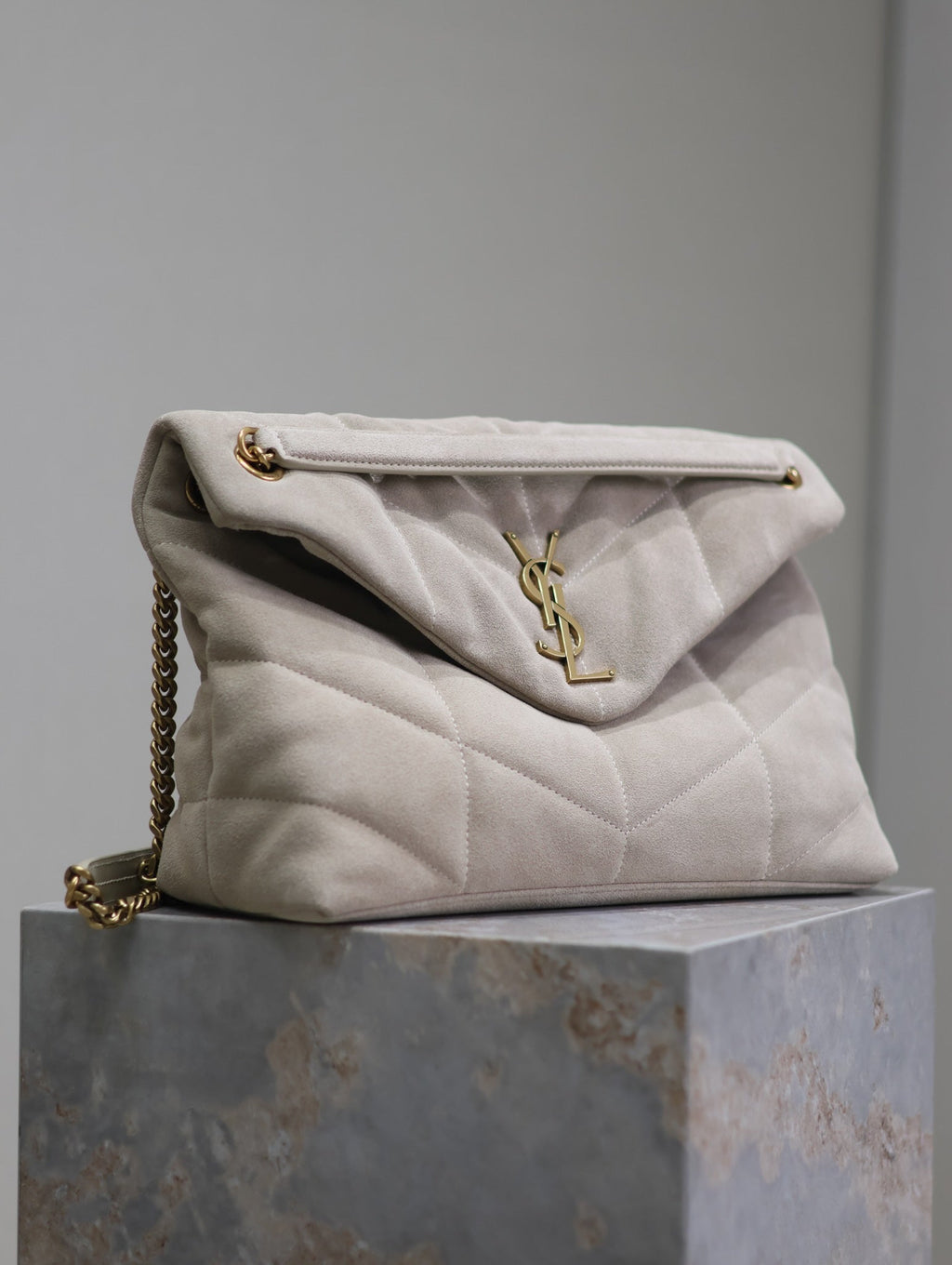 Saint Laurent 25S Loulou Puffer GM 35 in Smokey Taupe Suede Gold Hardwre Bag