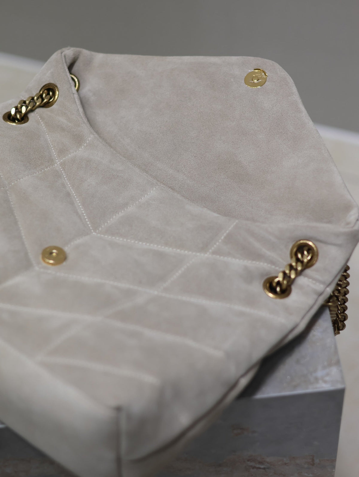 Saint Laurent 25S Loulou Puffer GM 35 in Smokey Taupe Suede Gold Hardwre Bag