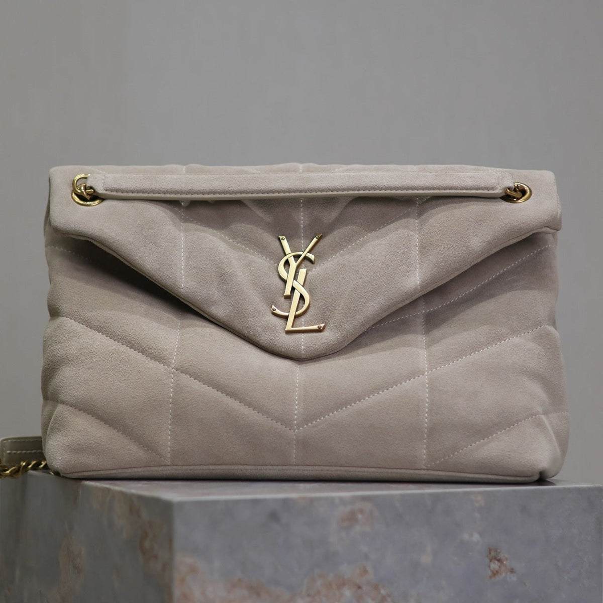 Saint Laurent 25S Loulou Puffer GM 35 in Smokey Taupe Suede Gold Hardwre Bag