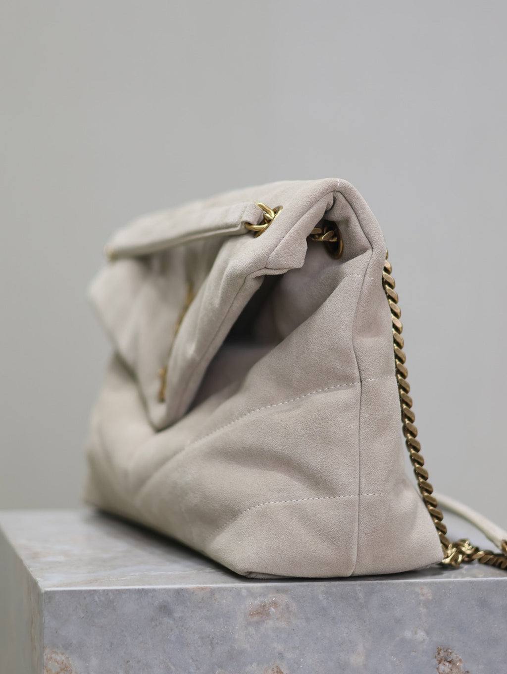 Saint Laurent 25S Loulou Puffer GM 35 in Smokey Taupe Suede Gold Hardwre Bag