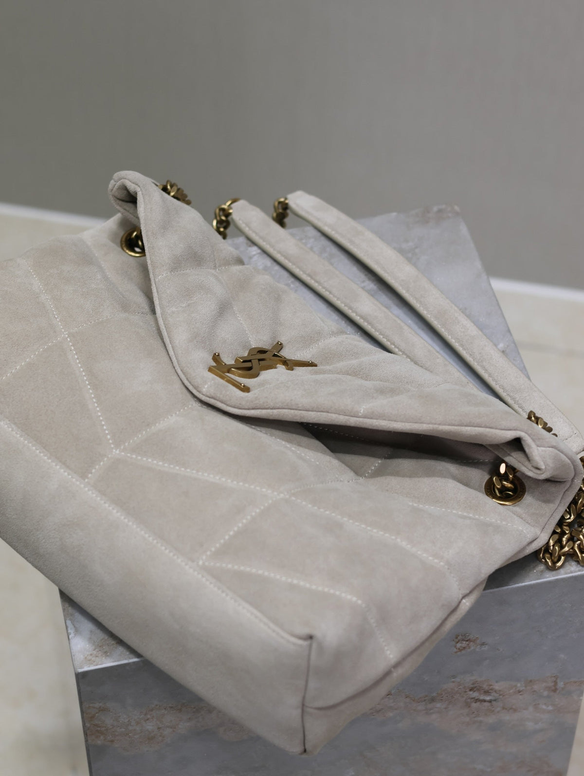 Saint Laurent 25S Loulou Puffer GM 35 in Smokey Taupe Suede Gold Hardwre Bag