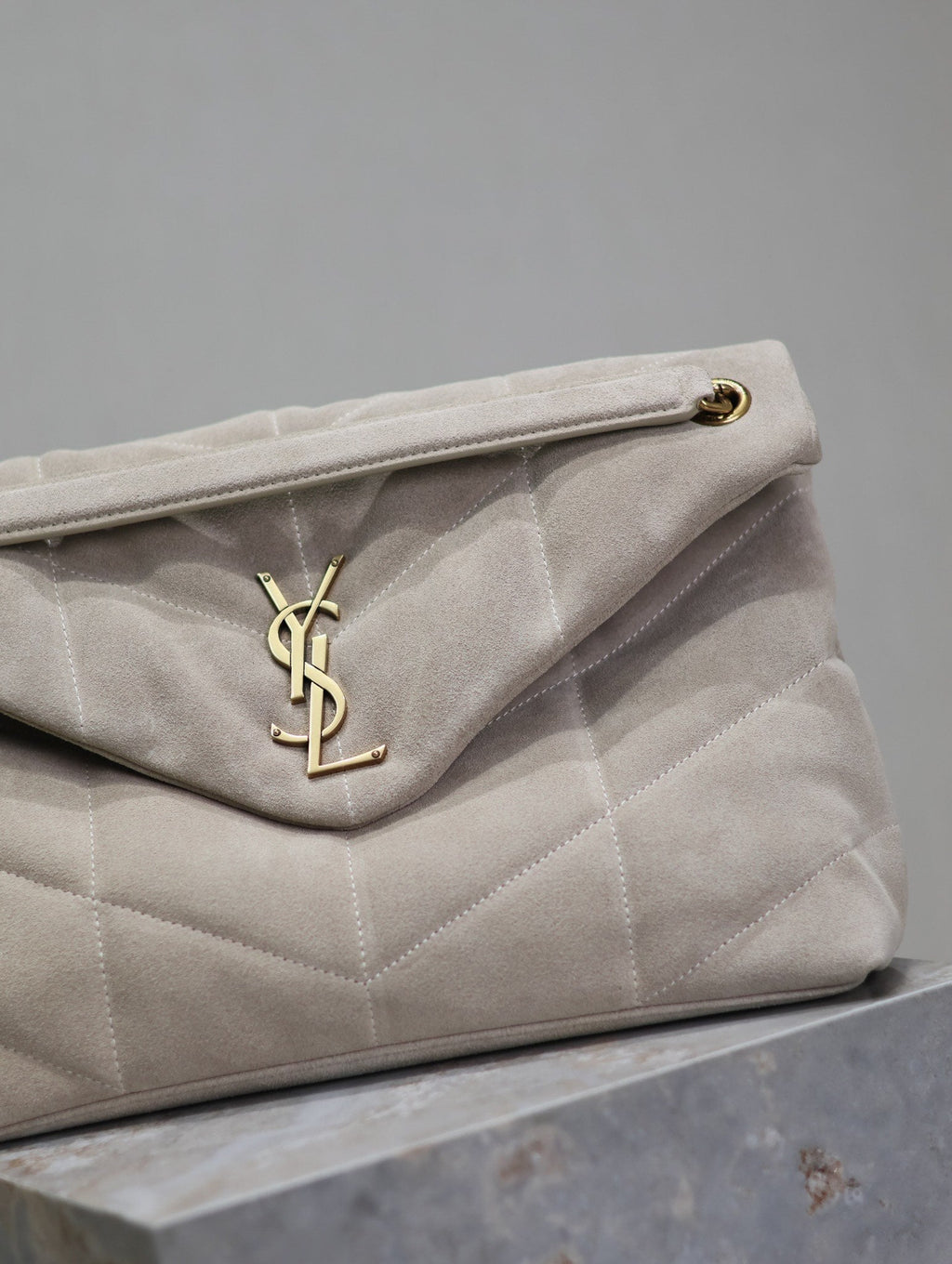 Saint Laurent 25S Loulou Puffer GM 35 in Smokey Taupe Suede Gold Hardwre Bag