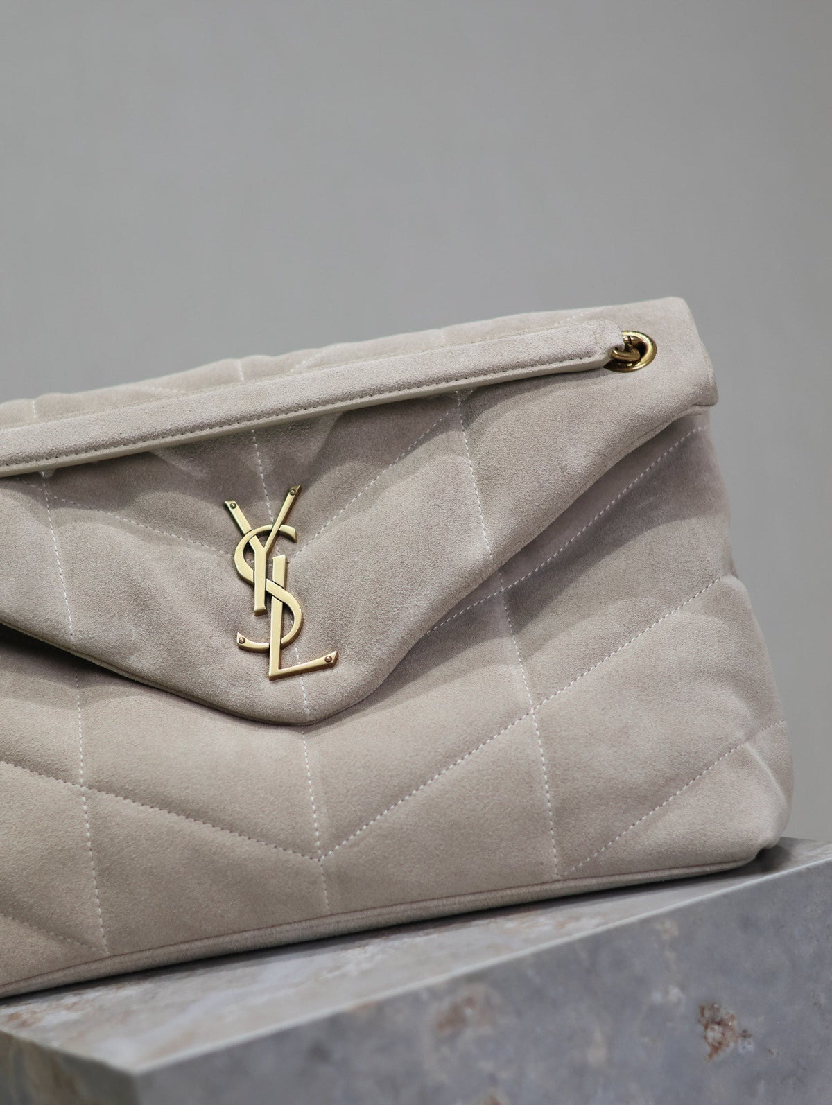 Saint Laurent 25S Loulou Puffer GM 35 in Smokey Taupe Suede Gold Hardwre Bag