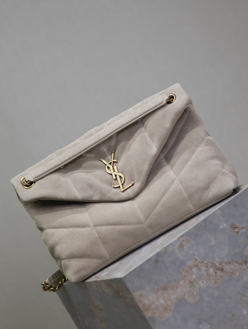 Saint Laurent 25S Loulou Puffer GM 35 in Smokey Taupe Suede Gold Hardwre Bag