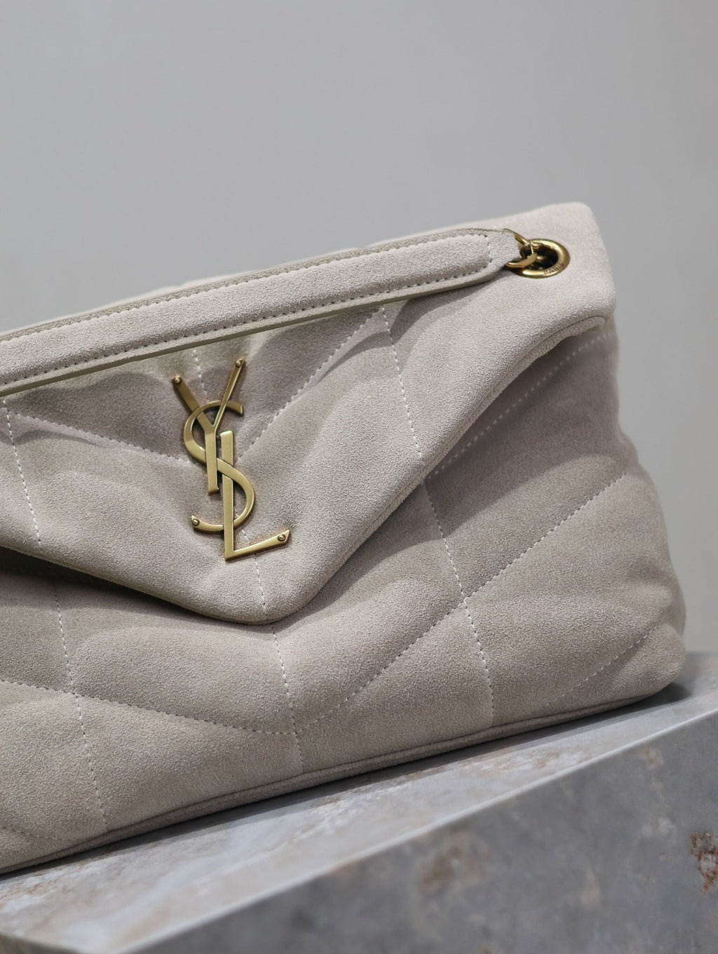 Saint Laurent 25S Loulou Puffer MM 29 in Smokey Taupe Suede Gold Hardwre Bag