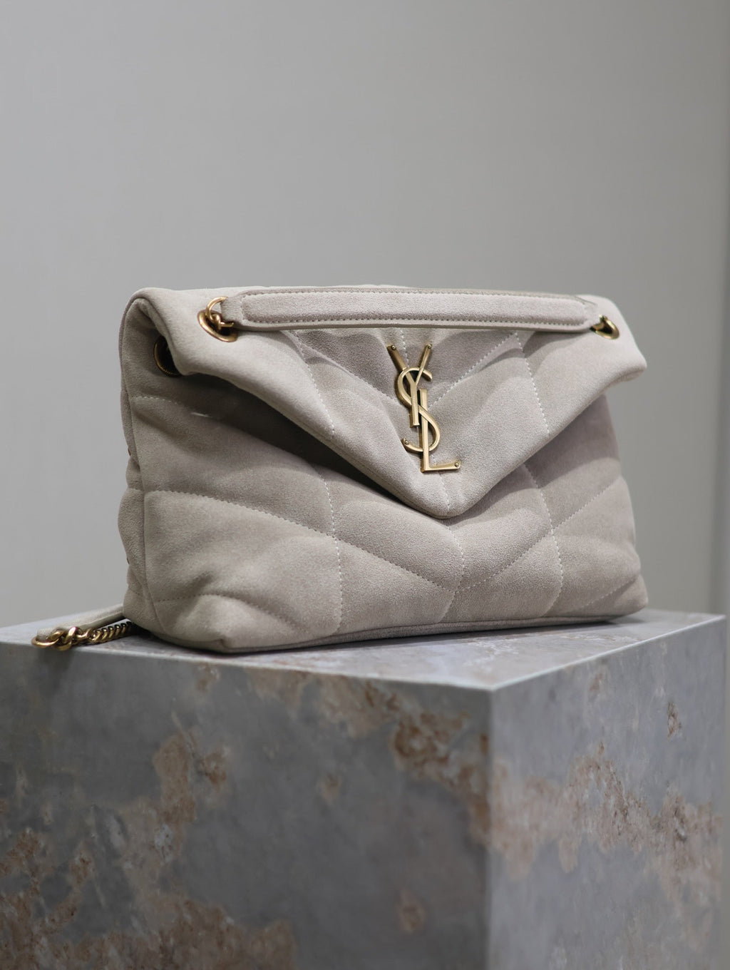 Saint Laurent 25S Loulou Puffer MM 29 in Smokey Taupe Suede Gold Hardwre Bag