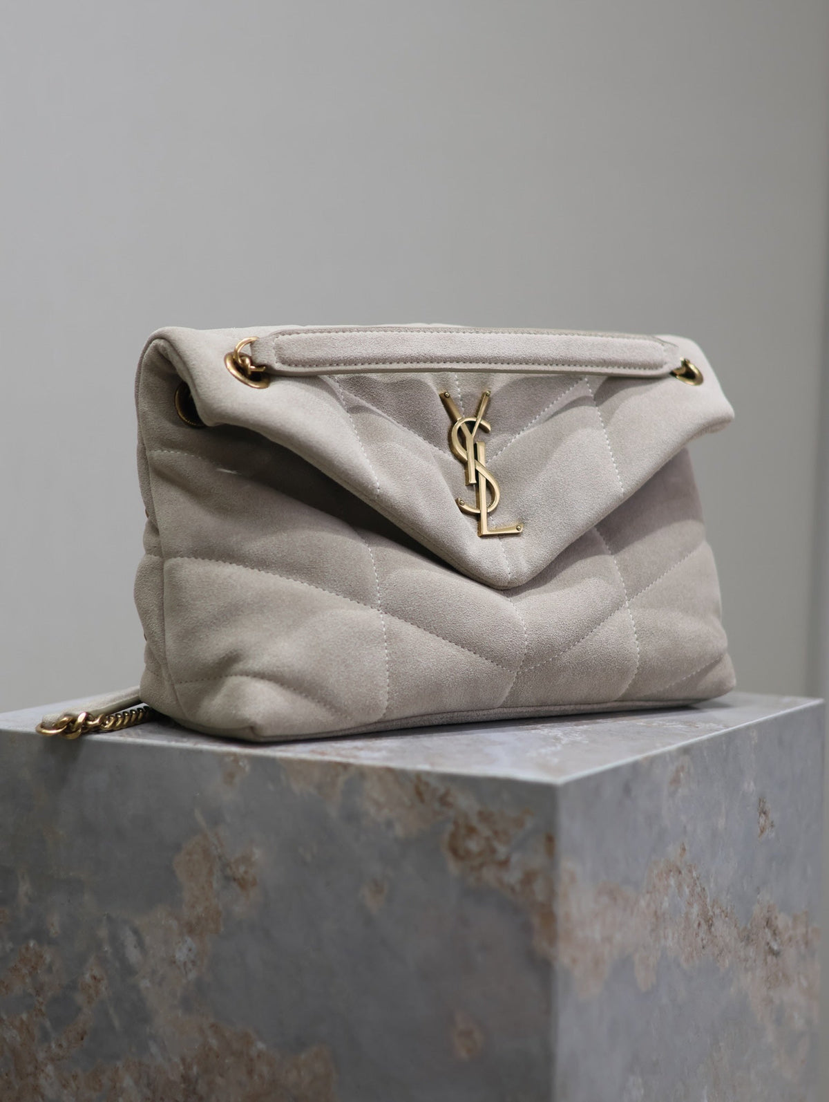 Saint Laurent 25S Loulou Puffer MM 29 in Smokey Taupe Suede Gold Hardwre Bag