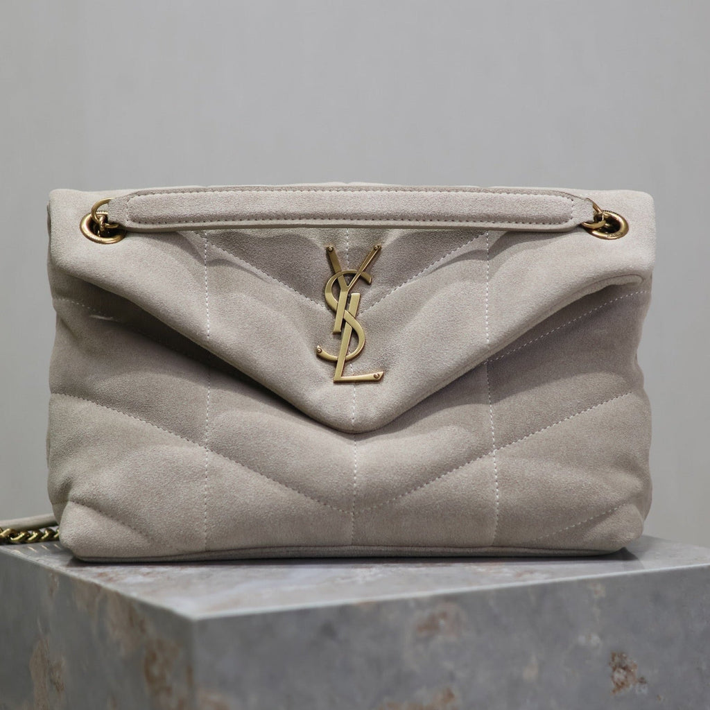 Saint Laurent 25S Loulou Puffer MM 29 in Smokey Taupe Suede Gold Hardwre Bag