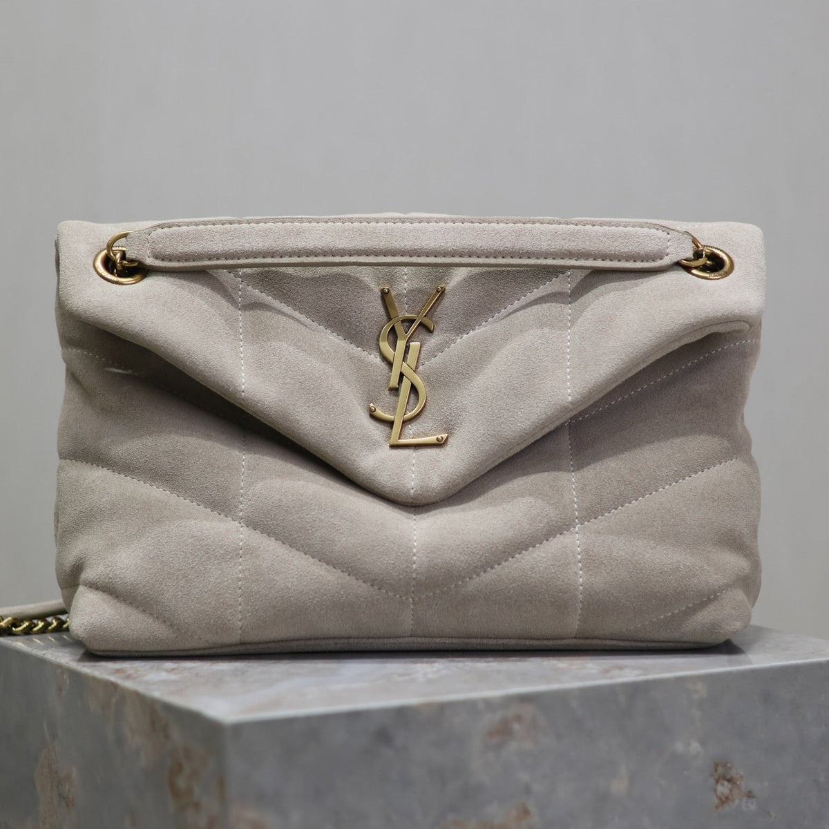 Saint Laurent 25S Loulou Puffer MM 29 in Smokey Taupe Suede Gold Hardwre Bag