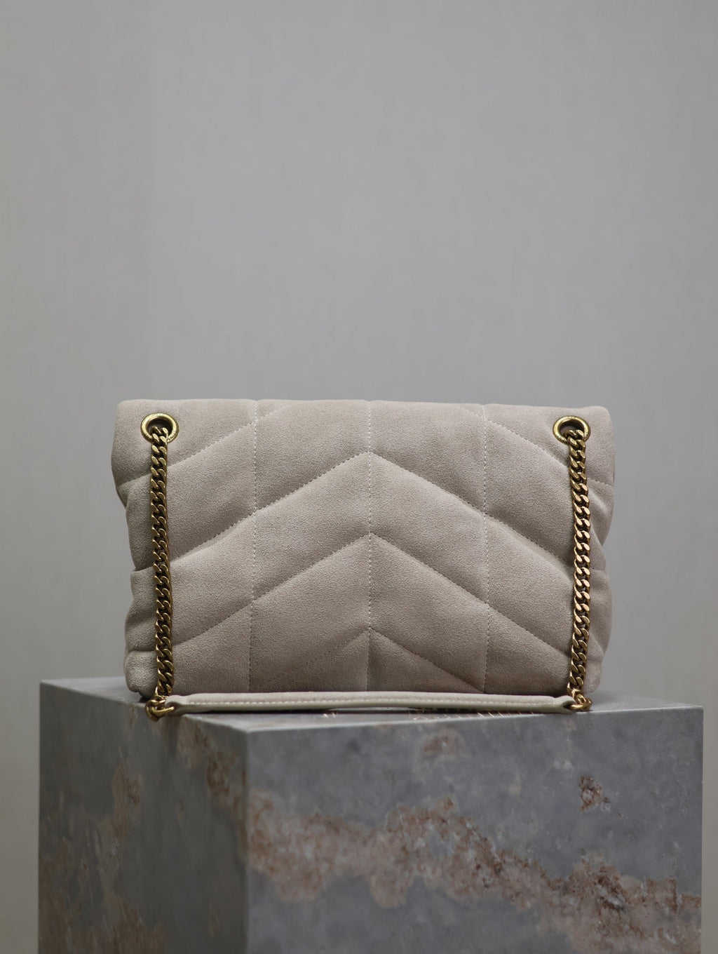 Saint Laurent 25S Loulou Puffer MM 29 in Smokey Taupe Suede Gold Hardwre Bag