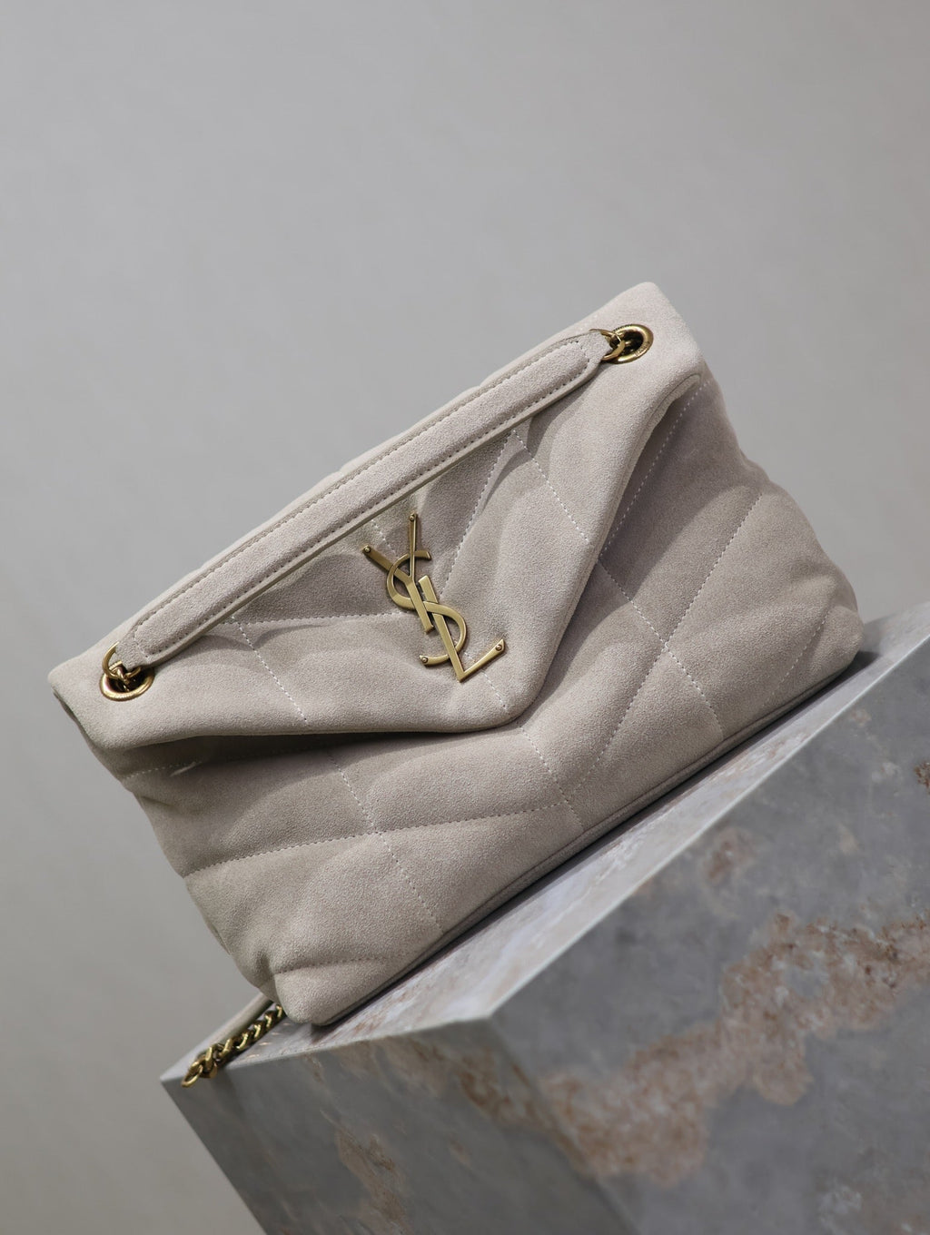 Saint Laurent 25S Loulou Puffer MM 29 in Smokey Taupe Suede Gold Hardwre Bag
