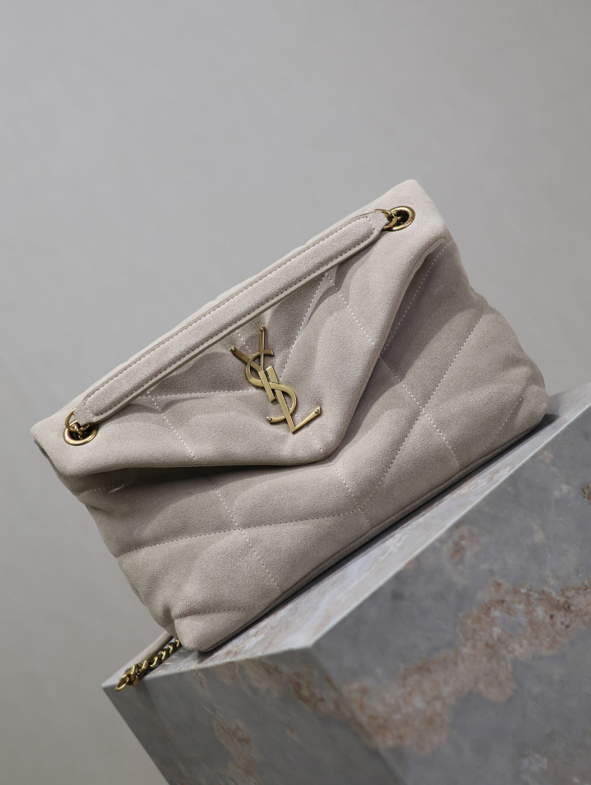 Saint Laurent 25S Loulou Puffer MM 29 in Smokey Taupe Suede Gold Hardwre Bag