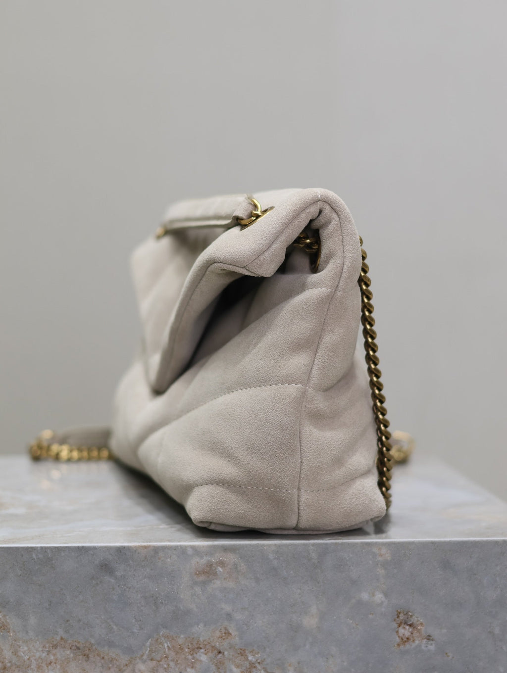 Saint Laurent 25S Loulou Puffer MM 29 in Smokey Taupe Suede Gold Hardwre Bag