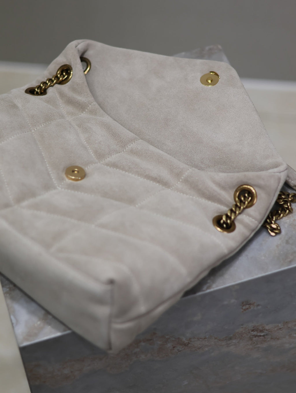 Saint Laurent 25S Loulou Puffer MM 29 in Smokey Taupe Suede Gold Hardwre Bag