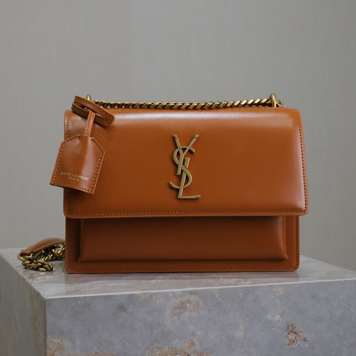 Saint Laurent 25S Sunset Bag 22 in Dark Caramel Calfskin Gold Hardwre