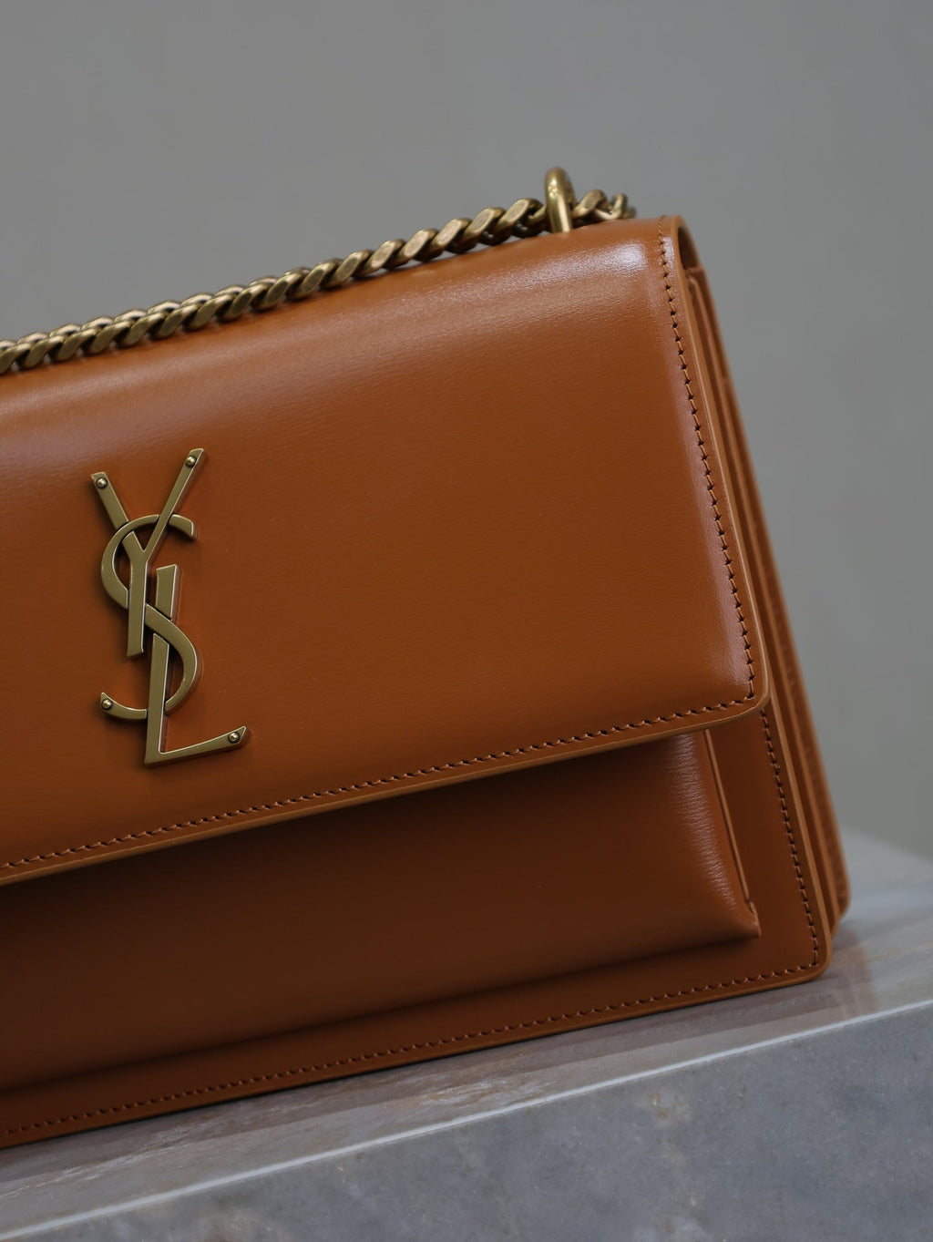 Saint Laurent 25S Sunset Bag 22 in Dark Caramel Calfskin Gold Hardwre