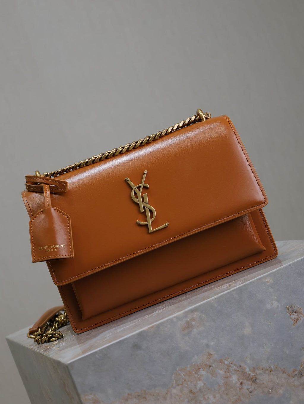 Saint Laurent 25S Sunset Bag 22 in Dark Caramel Calfskin Gold Hardwre