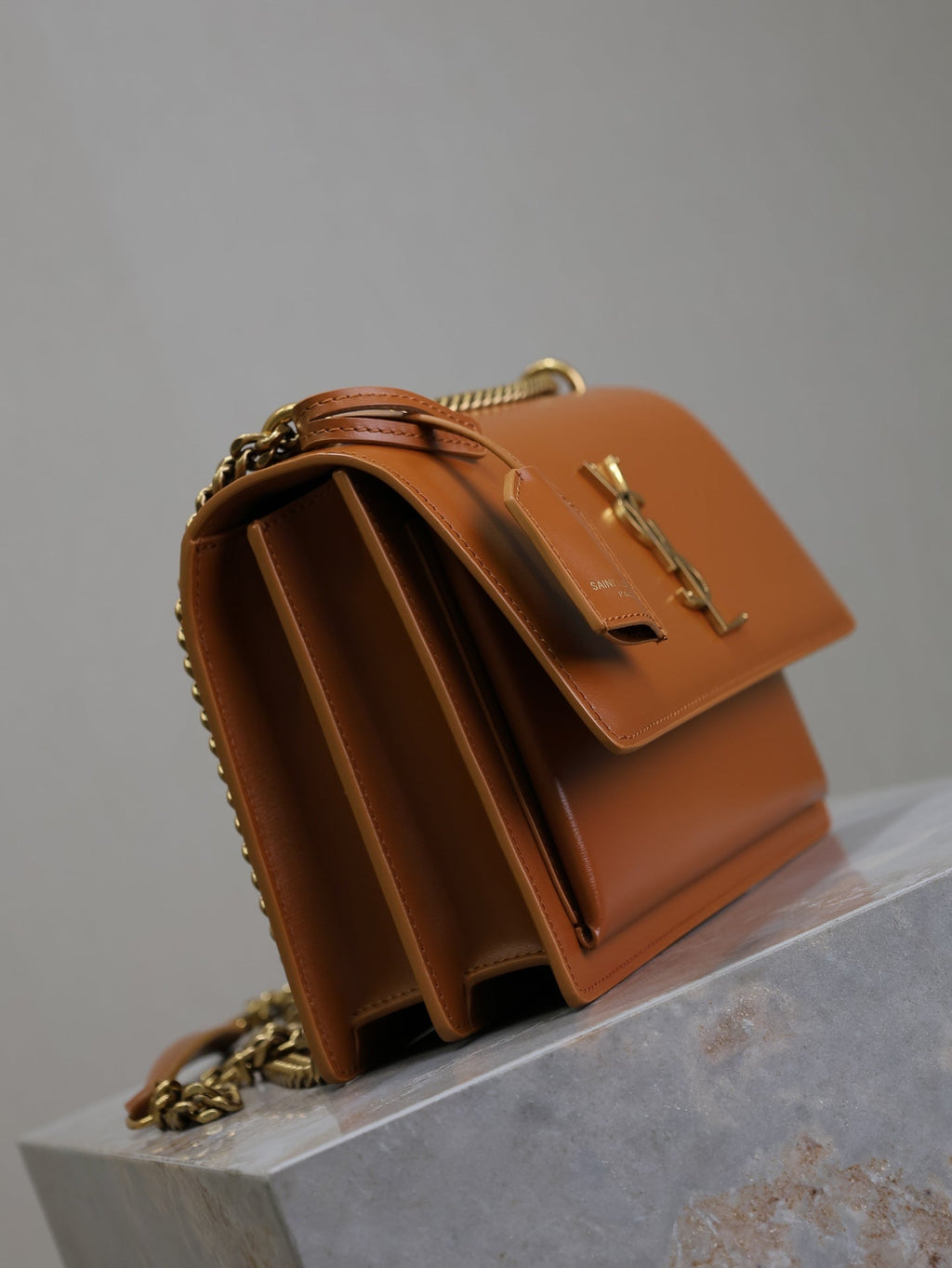 Saint Laurent 25S Sunset Bag 22 in Dark Caramel Calfskin Gold Hardwre