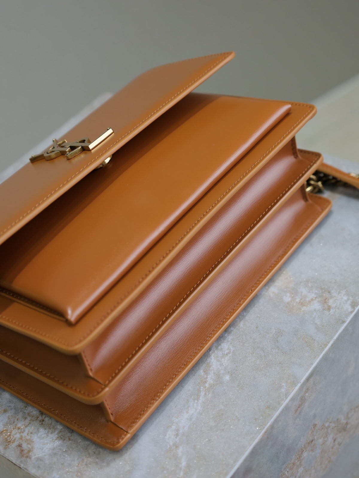 Saint Laurent 25S Sunset Bag 22 in Dark Caramel Calfskin Gold Hardwre