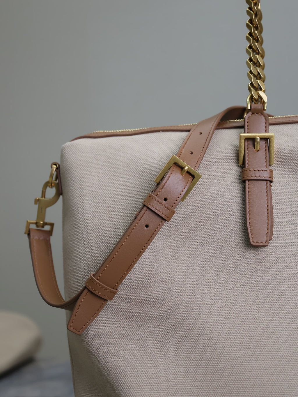 Saint Laurent Travel Bag 48 in White Canvas and Brown Leather Trim Gold Hardware