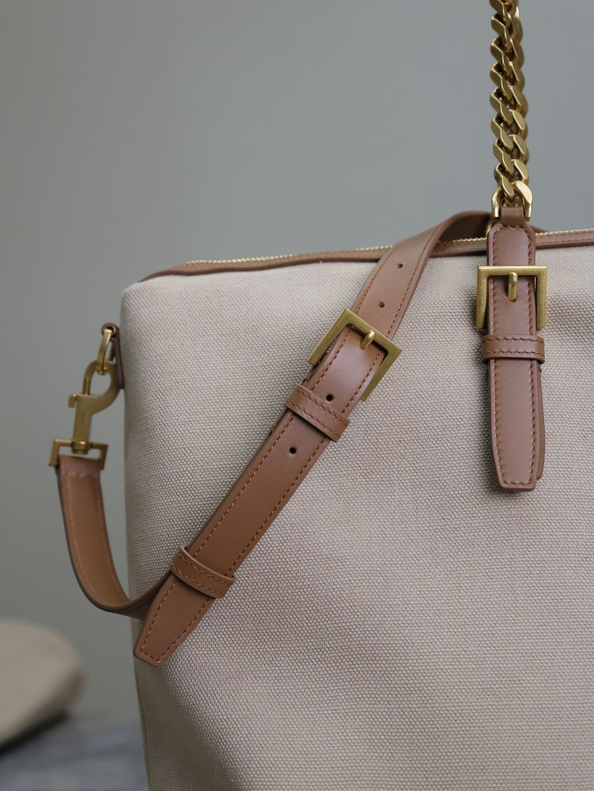 Saint Laurent Travel Bag 48 in White Canvas and Brown Leather Trim Gold Hardware