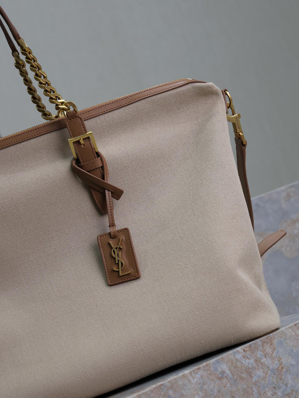Saint Laurent Travel Bag 48 in White Canvas and Brown Leather Trim Gold Hardware