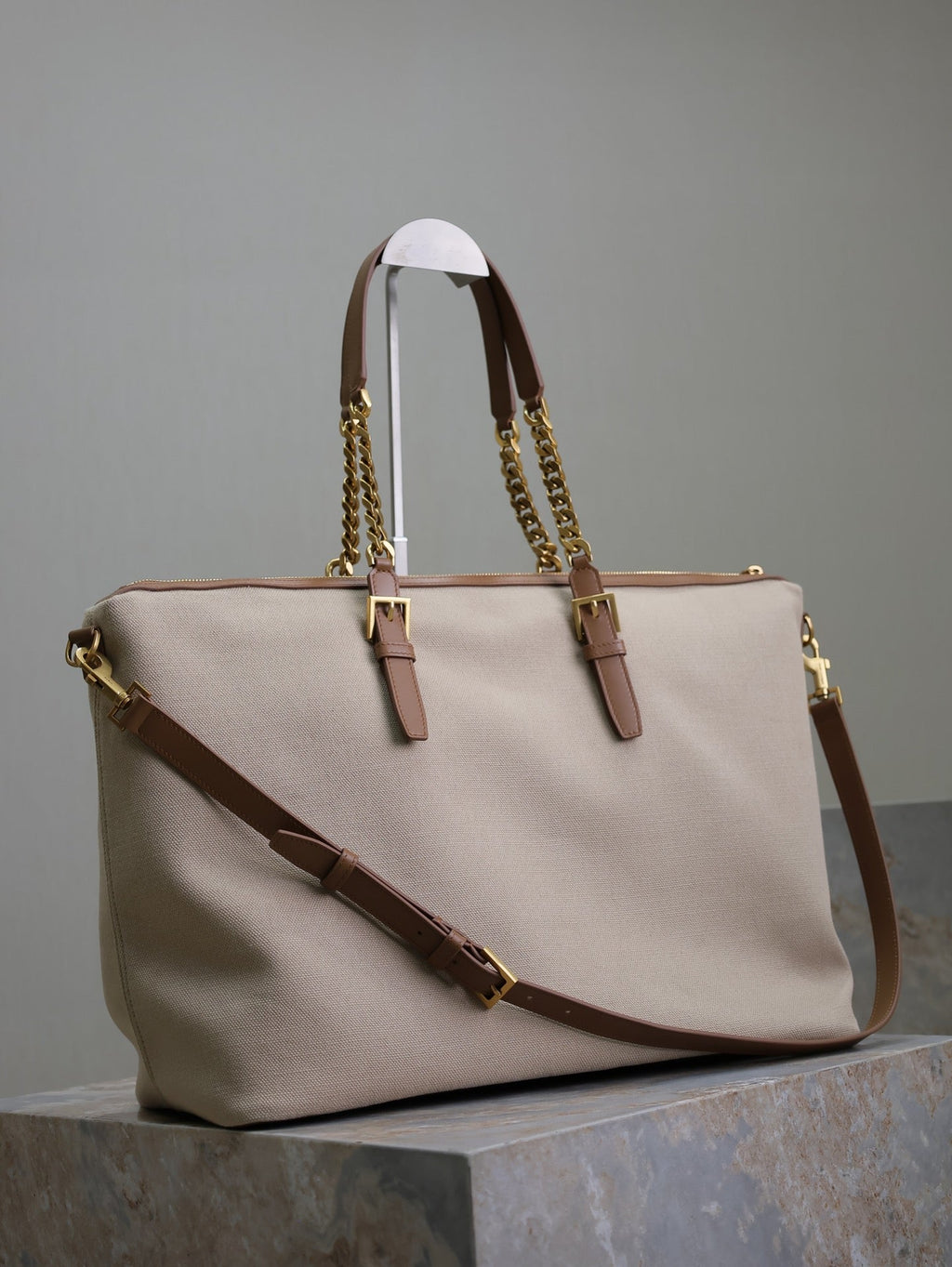 Saint Laurent Travel Bag 48 in White Canvas and Brown Leather Trim Gold Hardware