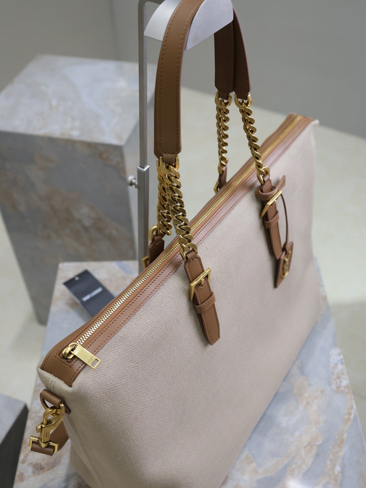 Saint Laurent Travel Bag 48 in White Canvas and Brown Leather Trim Gold Hardware