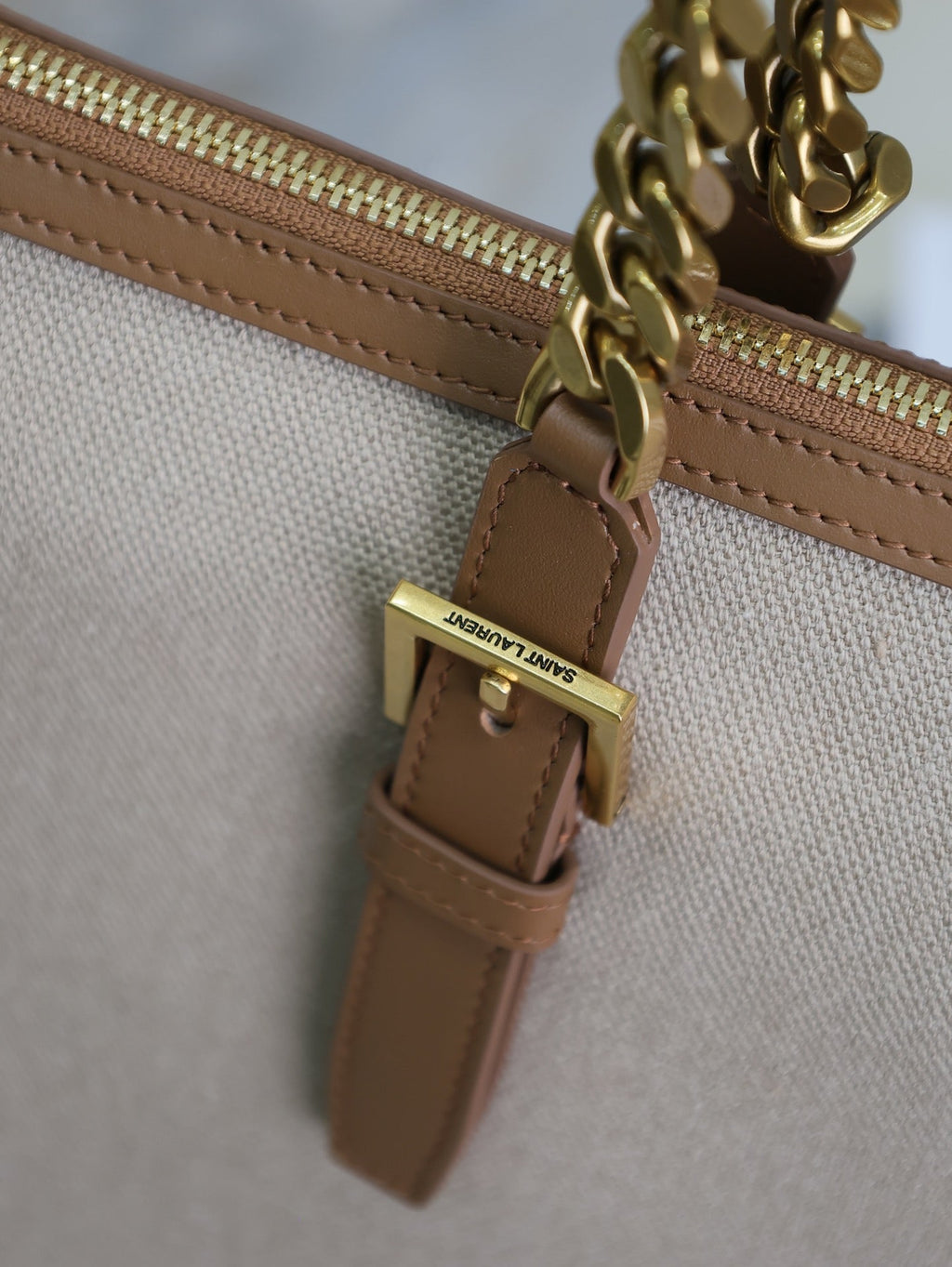 Saint Laurent Travel Bag 48 in White Canvas and Brown Leather Trim Gold Hardware