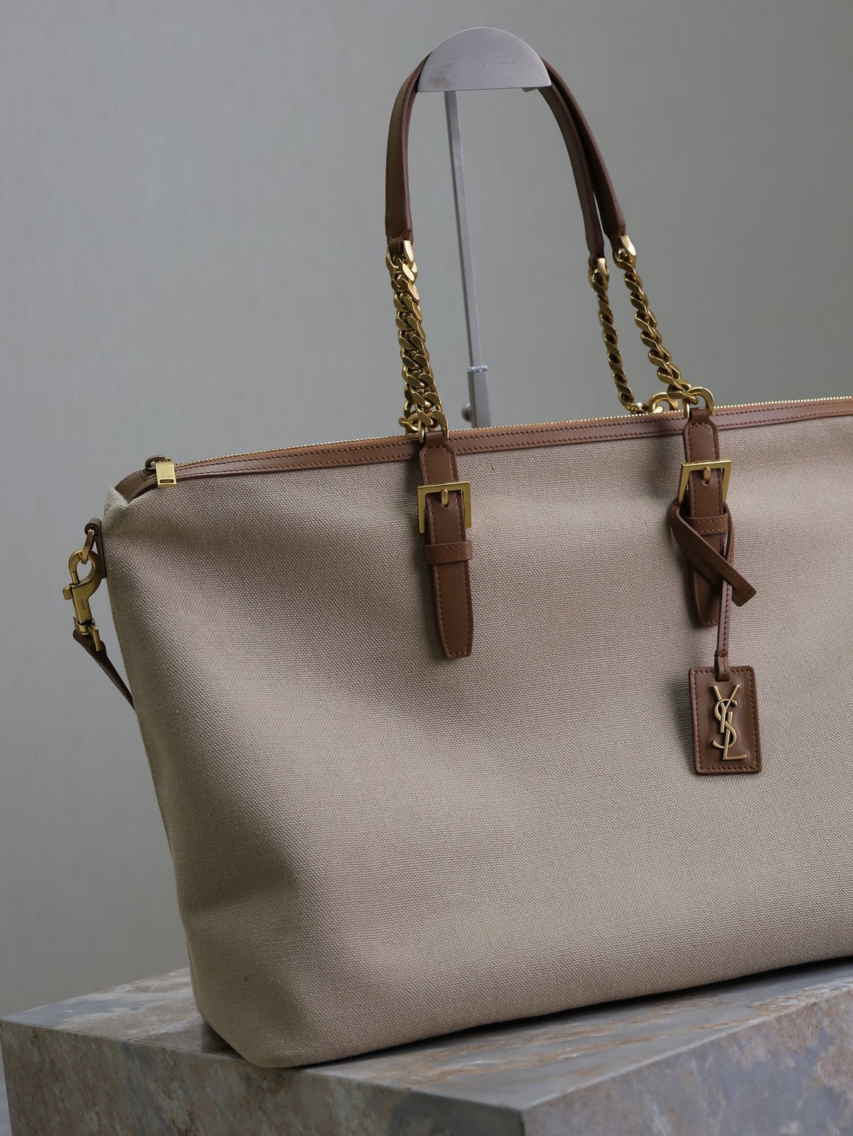 Saint Laurent Travel Bag 48 in White Canvas and Brown Leather Trim Gold Hardware