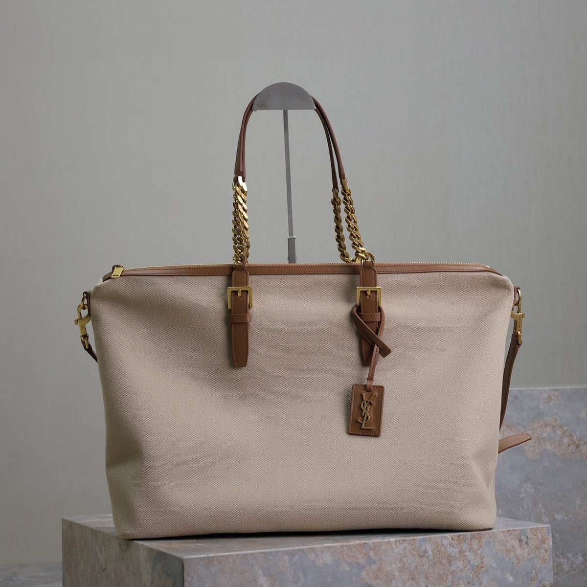 Saint Laurent Travel Bag 48 in White Canvas and Brown Leather Trim Gold Hardware
