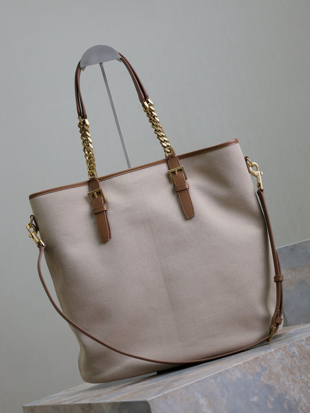 Saint Laurent Tote Bag 38 in White Canvas and Brown Leather Trim Gold Hardware