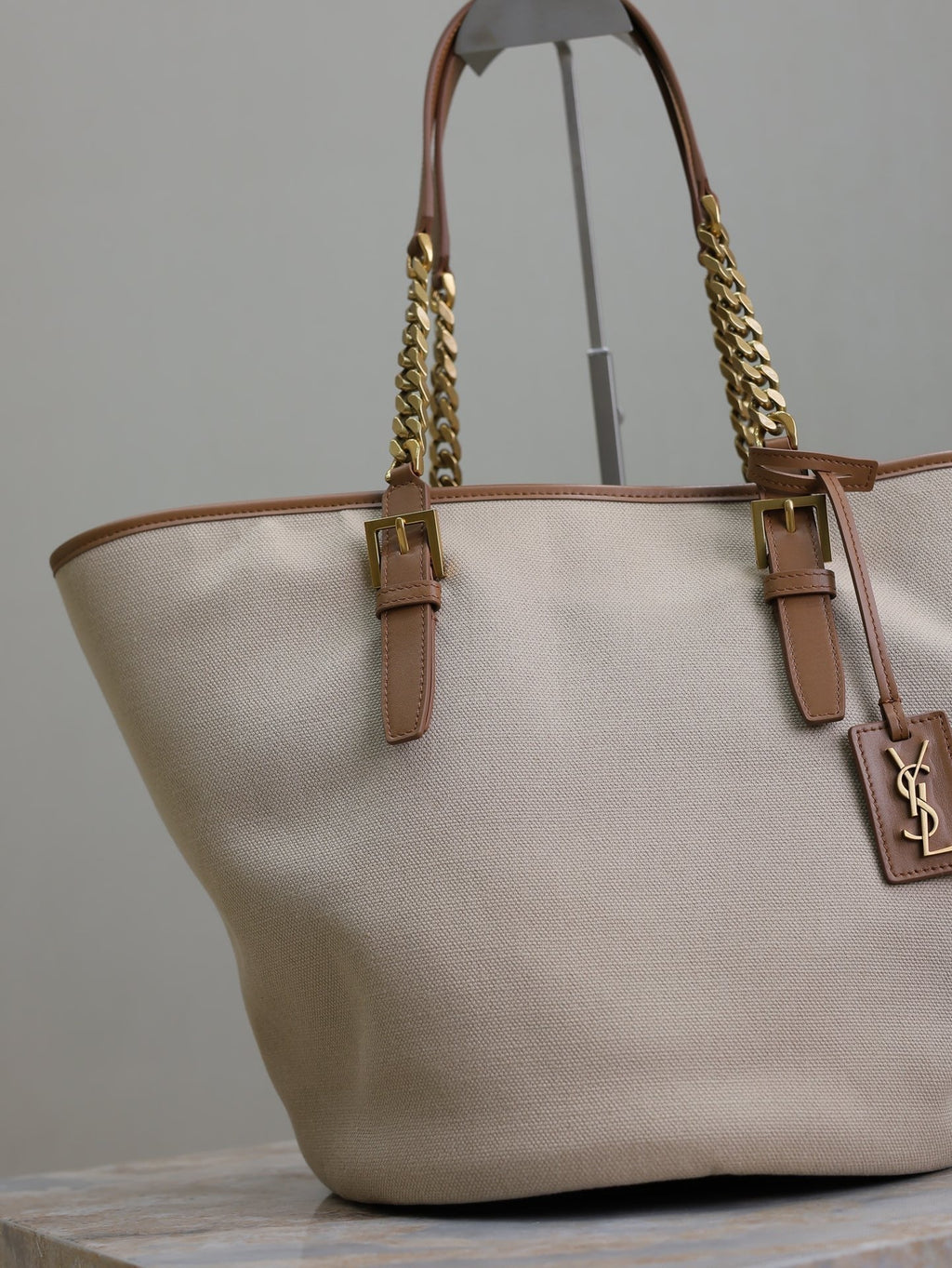 Saint Laurent Tote Bag 47 in White Canvas and Brown Leather Trim Gold Hardware
