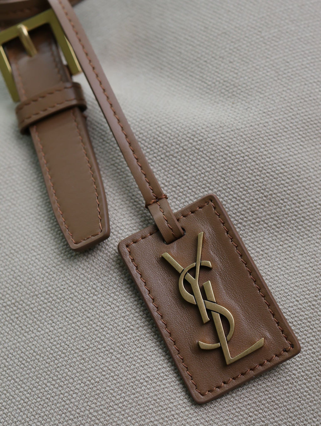 Saint Laurent Tote Bag 47 in White Canvas and Brown Leather Trim Gold Hardware